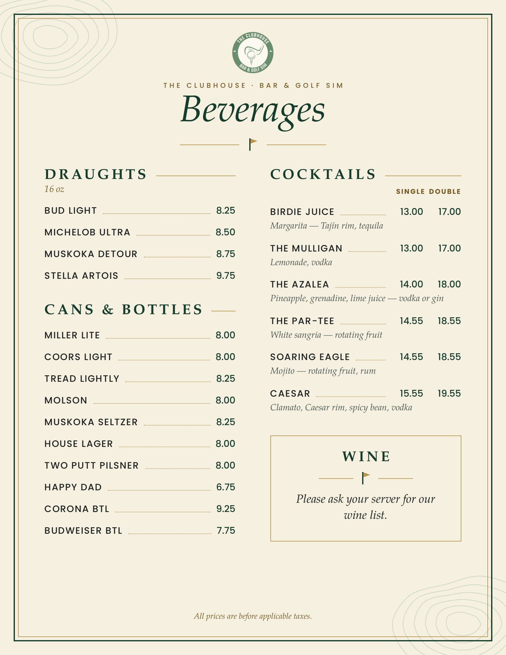 The Clubhouse Bar & Golf Sim menu, page 3 of 4